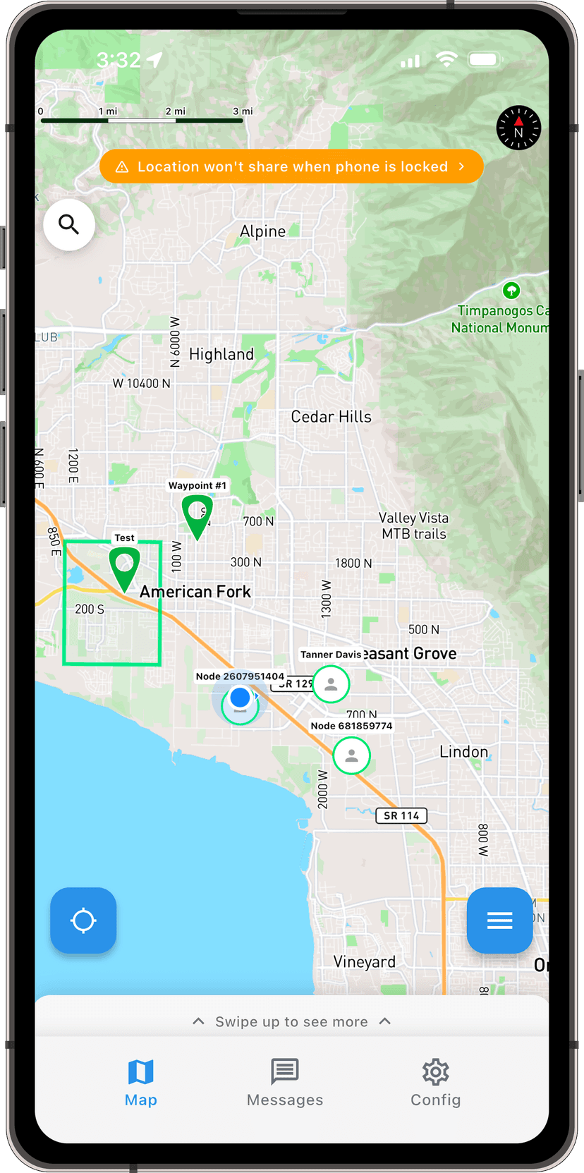 Mesh World app map showing your group's locations