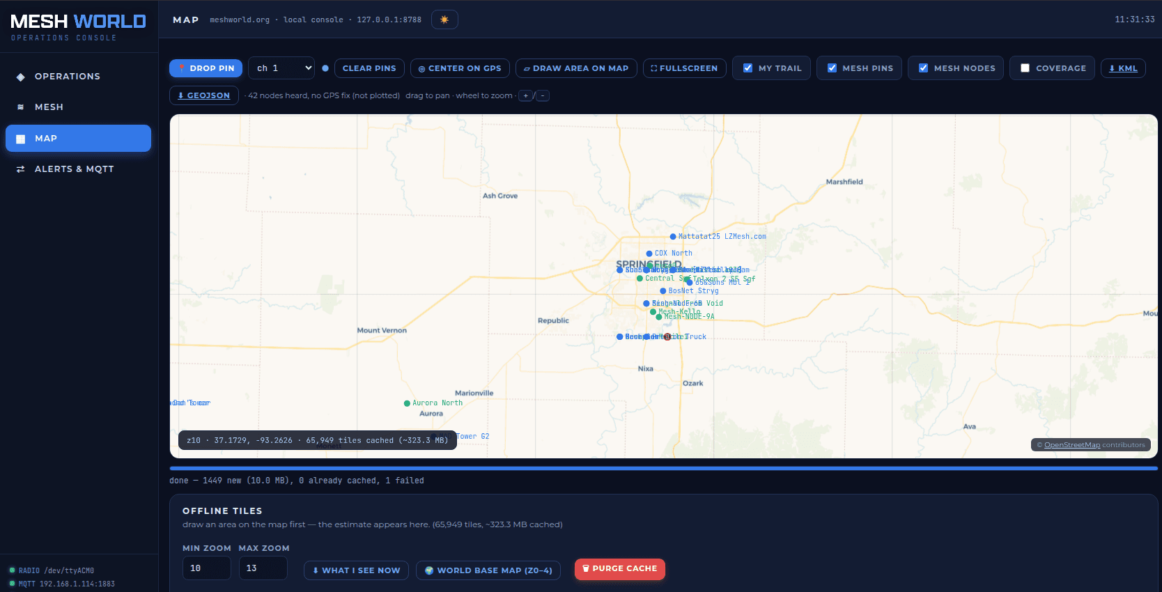 Mesh World Operations Console — live node map with offline tiles